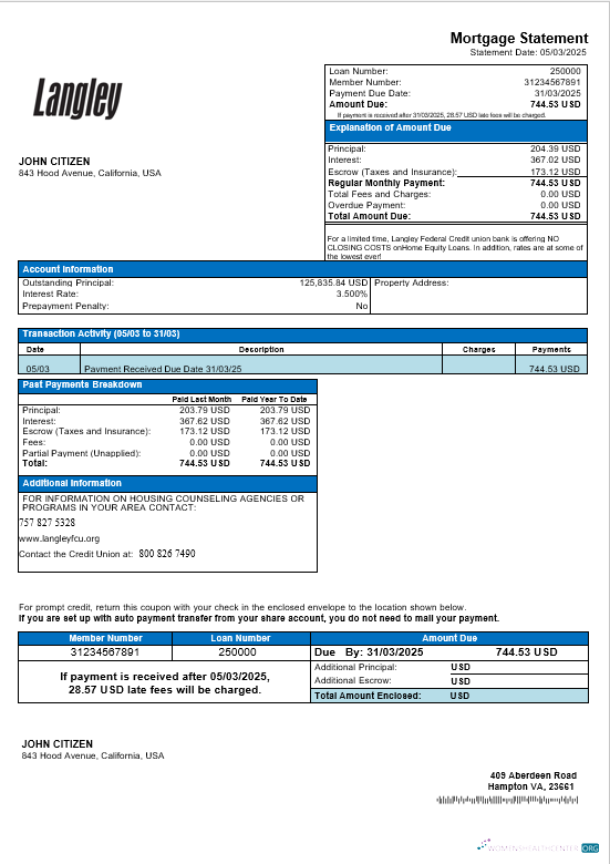 Download USA Langley Federal Credit Union bank mortgage statement in Word and PDF formats Photoshop template